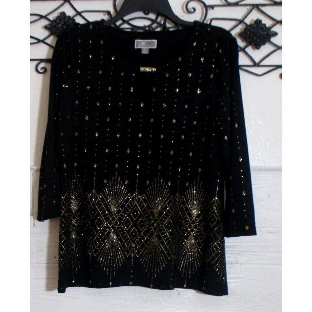JM Collection Women's Knit Top Size S Long Sleeve Black Round Neck